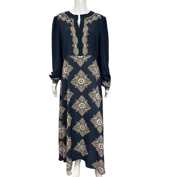 ETRO Navy Blue Embroidered Geo Print Cady Long Sleeve A-line Midi Dress 46 US 10 - Picture 2 of 6